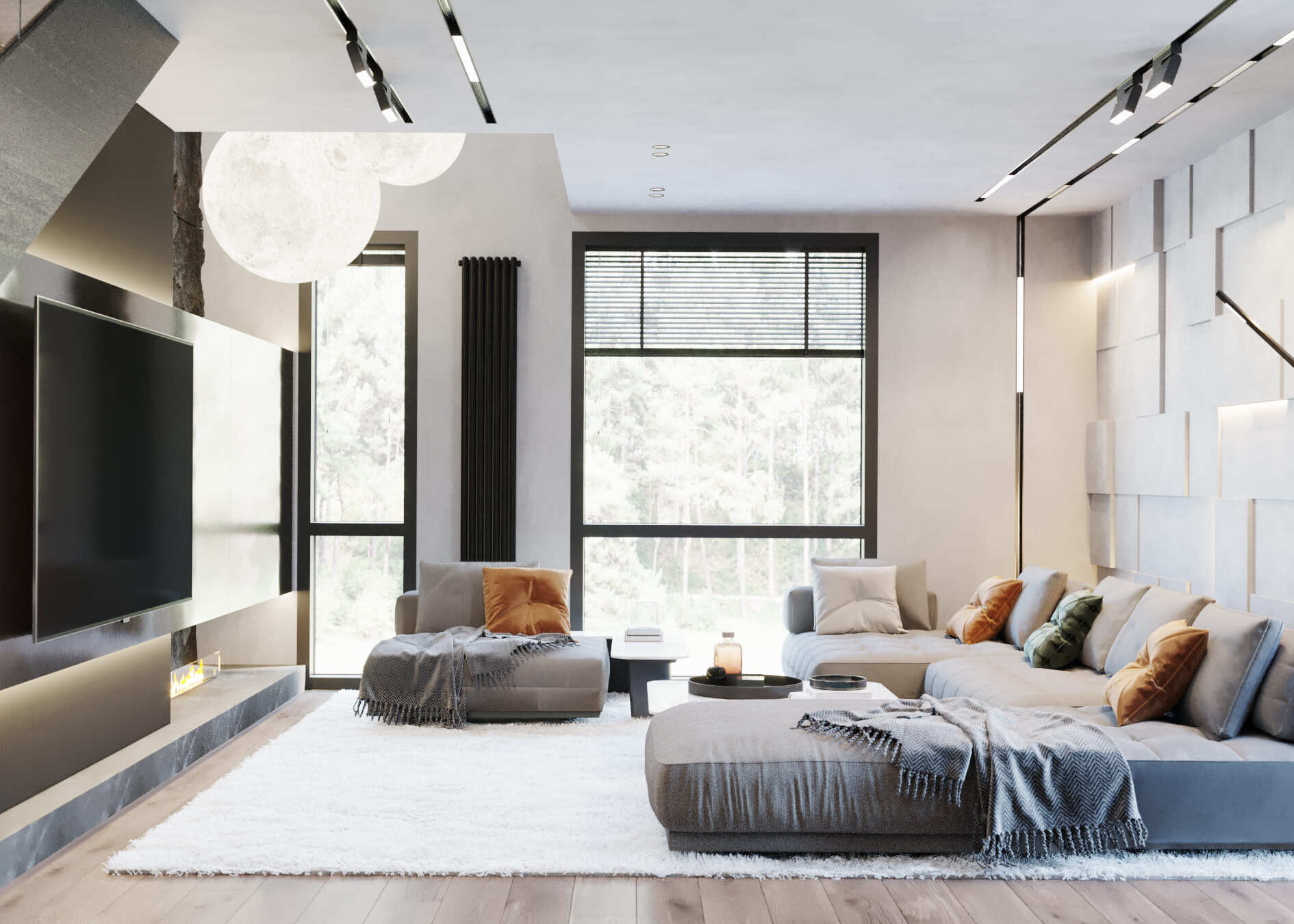 Контрастный интерьер со стеной-водопадом